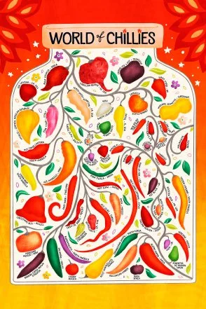 World of Chillies - Hot Chili Pepper Planet in a Spice Jar Illustration on Fire Red by Rocket & Indigo