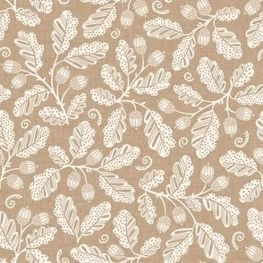 Acorn Bounty - Cream White on Gold Tan Linen Oak Leaf Branches by Rocket & Indigo