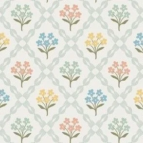 Cottage Floral Diamond Lattice - White & Green Ribbon Colourful Bouquet by Rocket & Indigo