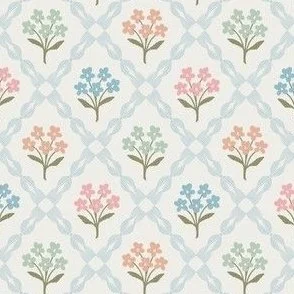 Cottage Floral Diamond Lattice - White & Blue Ribbon Colourful Bouquet by Rocket & Indigo