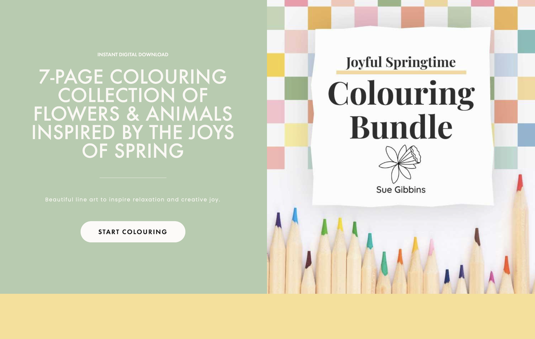 Joyful Springtime Colouring Bundle by Sue Gibbins (cover of PDF digital download pages)