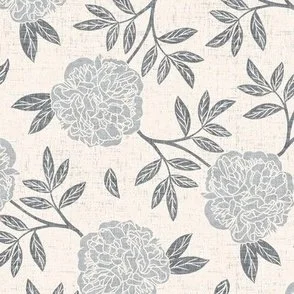 Pompom Peony -Muted Blue & Gray Textured Floral on Ivory White by Rocket & Indigo