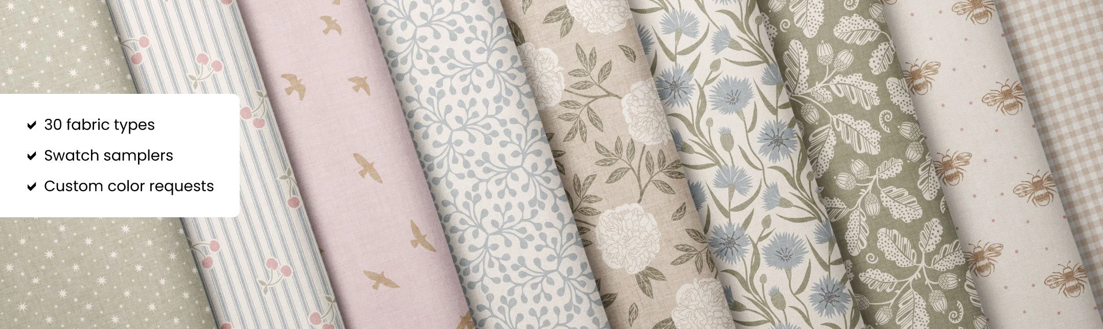 Fabric designs by Rocket & Indigo with information about 30 fabric types and samples available, plus custom color requests are accepted.