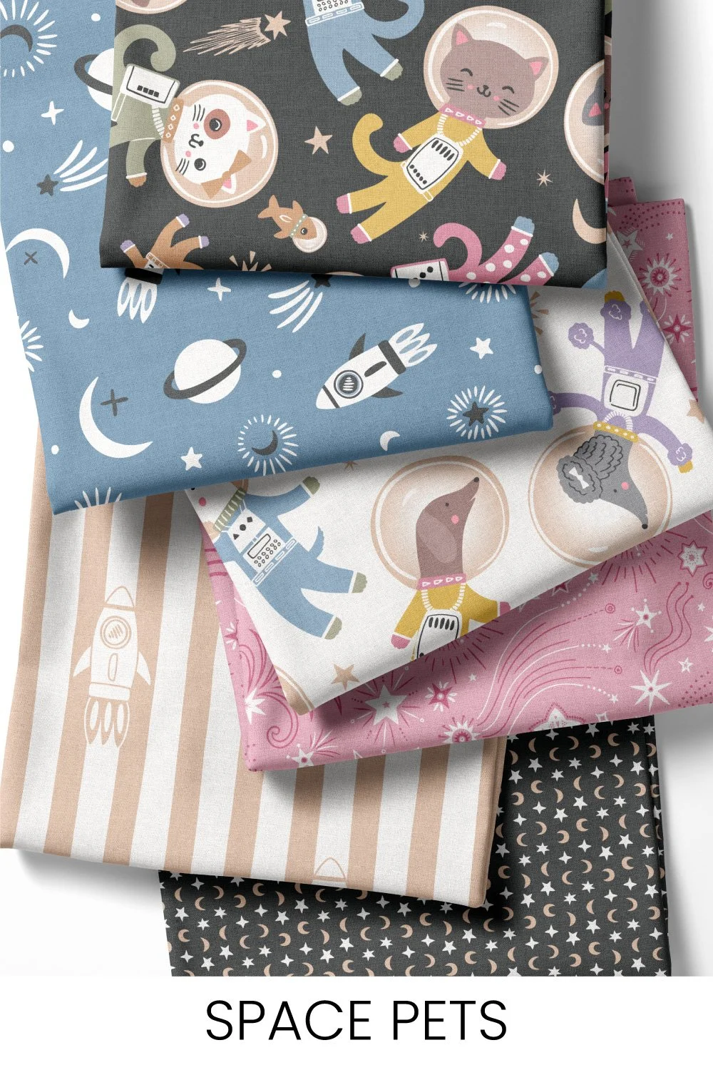 Playful space scenes with cats and dogs, designed as part of a character-led pattern collection to delight children.