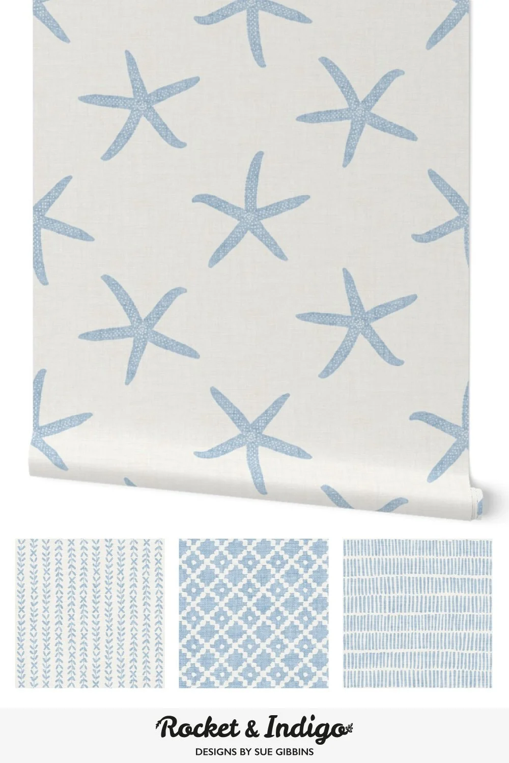 A roll of Seastars wallpaper in sky blue, and 3 coordinating prints in the Nature's Coast collection.