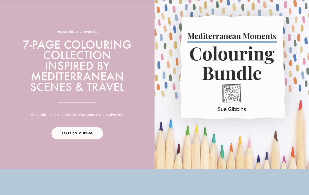 Mediterranean Moments Colouring Bundle by Sue Gibbins (cover of PDF digital download pages)