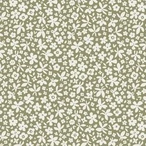 Ditsy Floral Blooms - Olive Sage Green with White Flowers by Rocket & Indigo