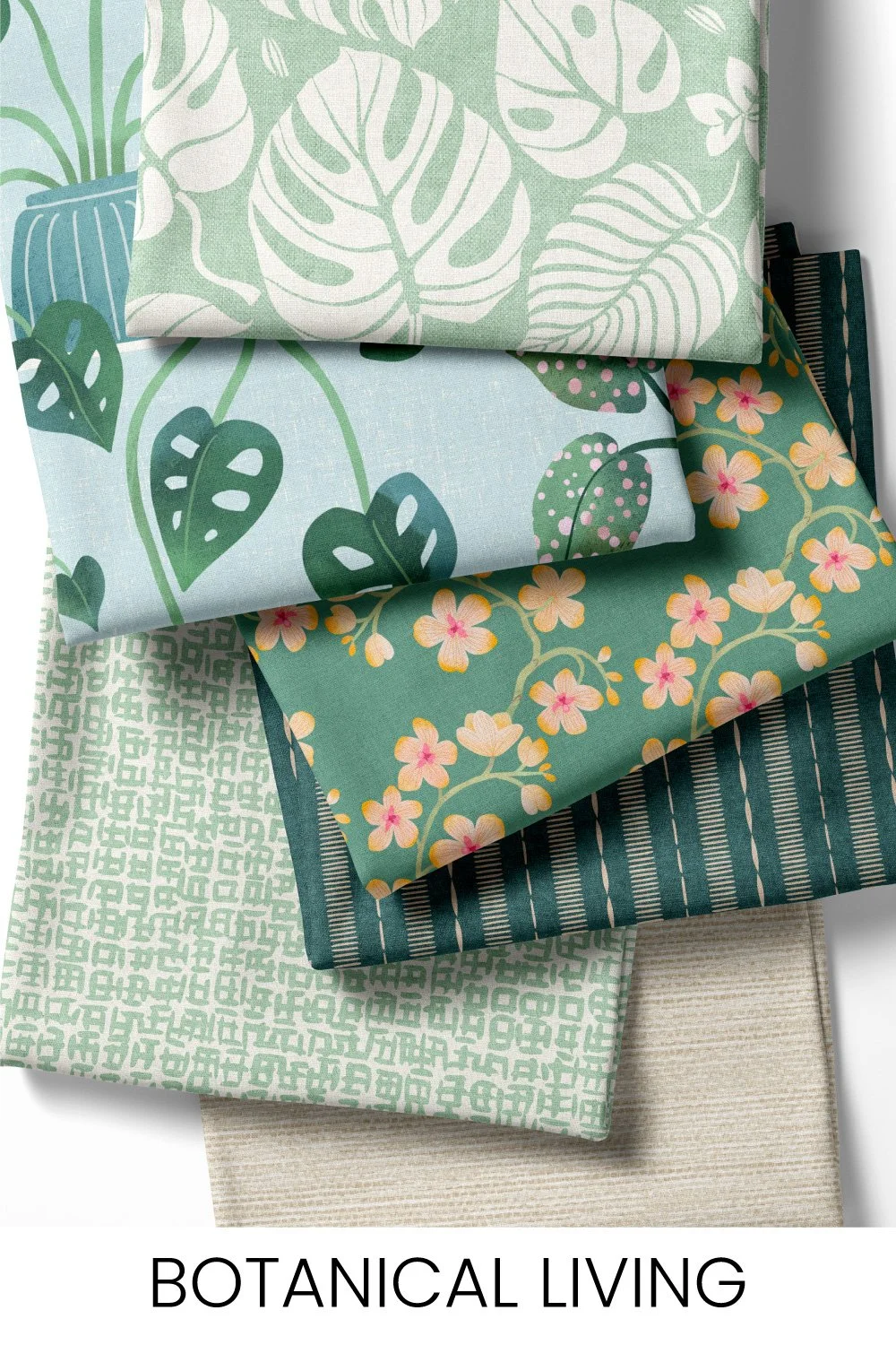 A botanical pattern collection shaped by the biophilia movement toward nature-connected interiors, featuring calming houseplants and foliage.