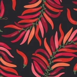 Ristras - Strings of Spicy Chilies - Fiery Hot Red on Black - Pattern by Rocket & Indigo