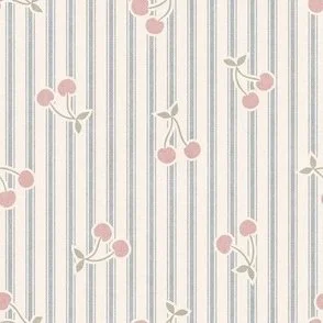 Cherries Ticking Stripe - Pastel Blue-Gray with Sweet Fruit Scatter by Rocket & Indigo