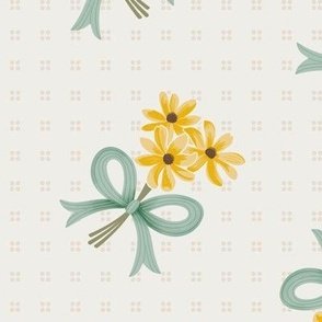 Golden Field Bouquet - Green Bows & Yellow Flowers on Cream White by Rocket & Indigo