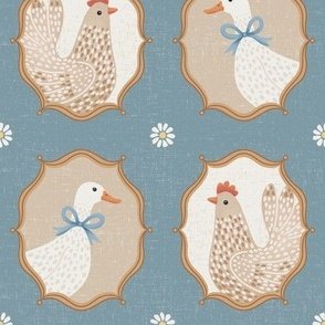 Framed Hens & Ducks - Denim Blue - Cute Farmyard Bird Portraits by Rocket & Indigo