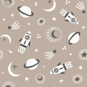 Outer Space Rockets - Taupe - Planets Moons and Stars by Rocket & Indigo