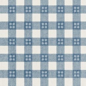 Gingham Flowerseed - Denim Blue - Checkered Squares with Weave & Motif by Rocket & Indigo