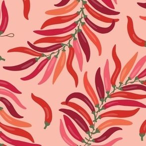 Ristras - Strings of Spicy Chilies - Fiery Hot Red on Peach - Pattern by Rocket & Indigo