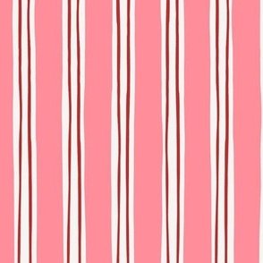 Modern Stripe - Sweet Pink & White with Thin Red Imperfect Lines - Pattern by Rocket & Indigo