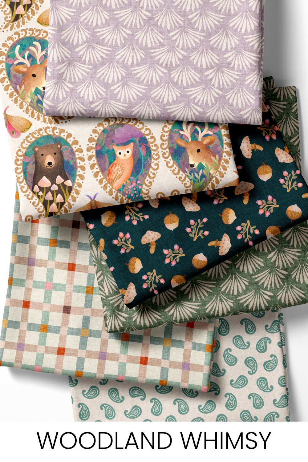 Enchanting and whimsical woodland bears, deer, foxes, owls and moths with embroidery-style gold paisley.