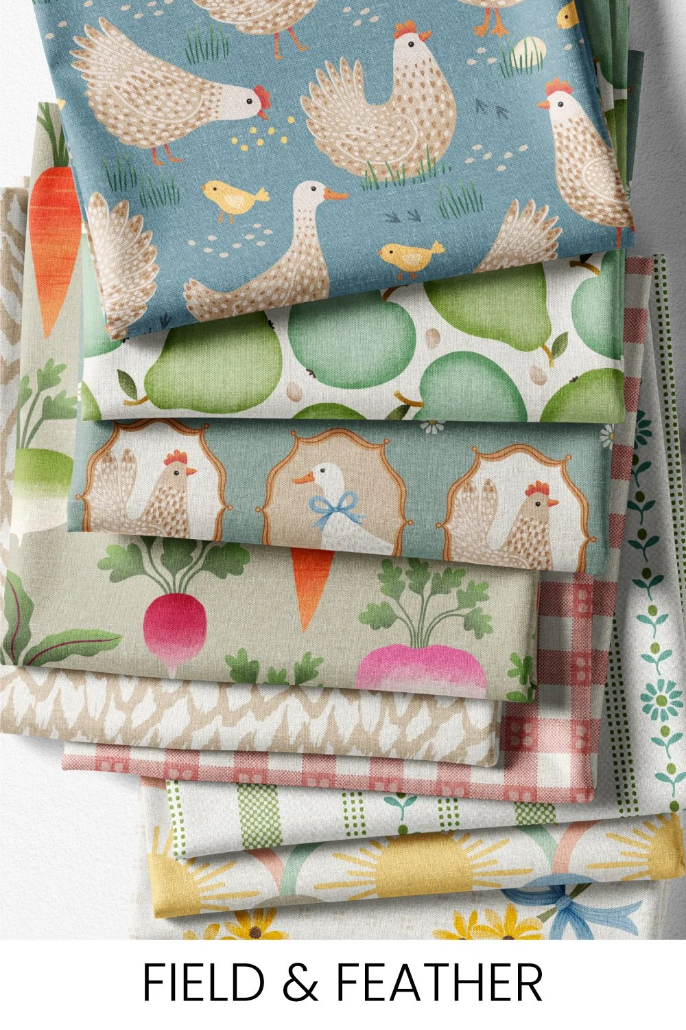 On the farm collection celebrating hens and ducks, orchard fruit, root vegetables, and sunshine.
