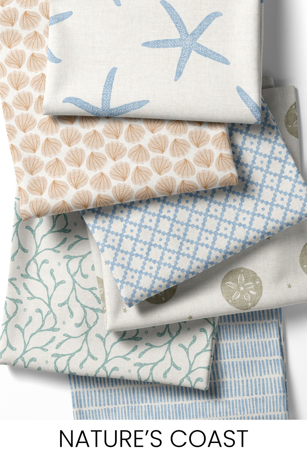 A quiet coastal collection of sea-found forms like starfish, shells, seaweed, dune grasses, and pebbles in soft single-colour prints with warm white.