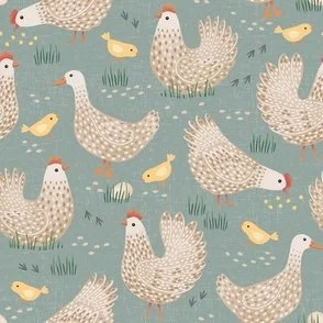 Farmyard Chickens - Gray-Green - Brown Free-Range Hens & Country Ducks by Rocket & Indigo