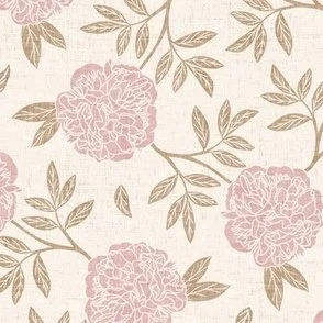 Pompom Peony - Soft Pink & Gold Textured Floral on Ivory White by Rocket & Indigo