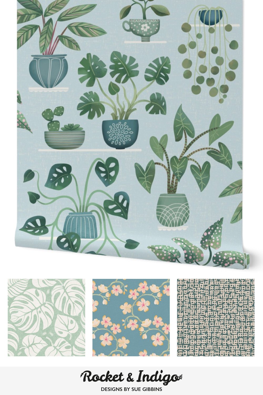 Wallpaper with Plant Shelves design in blue with 3 coordinating patterns.