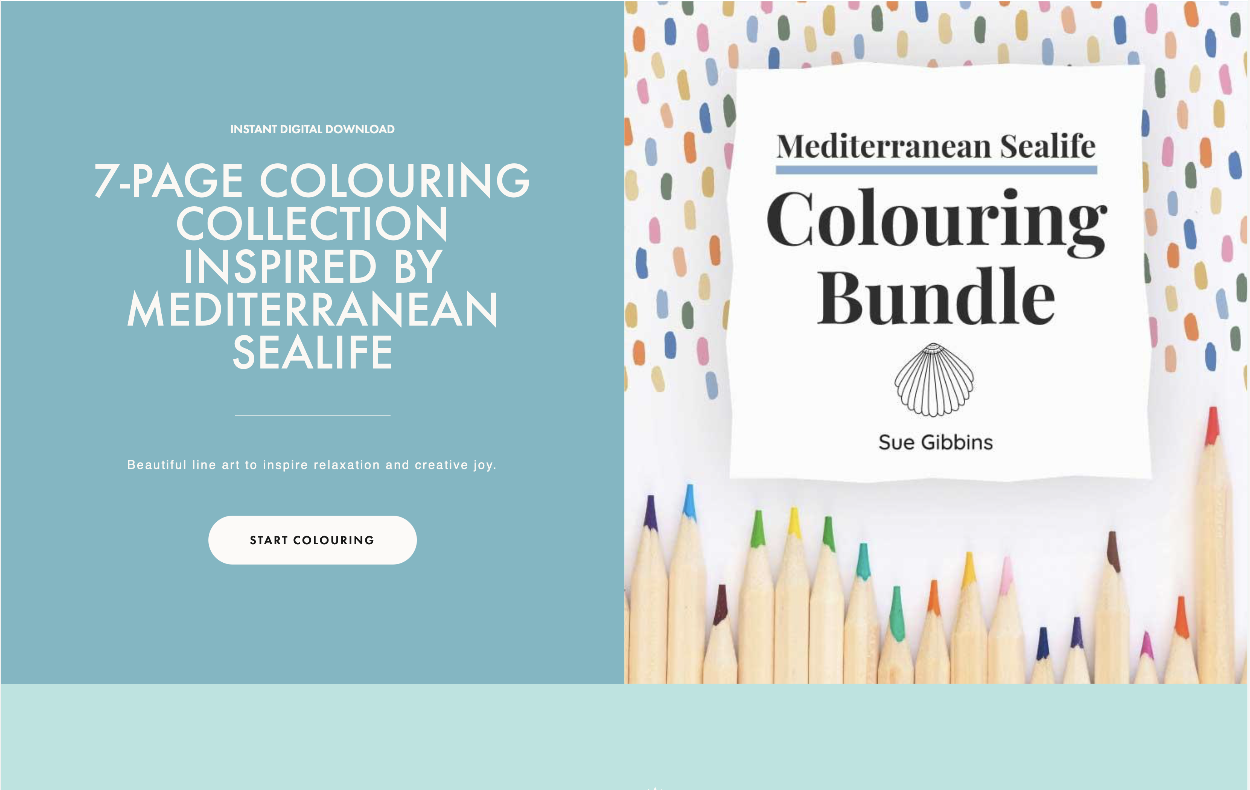 Mediterranean Sealife Colouring Bundle by Sue Gibbins (cover of PDF digital download pages)