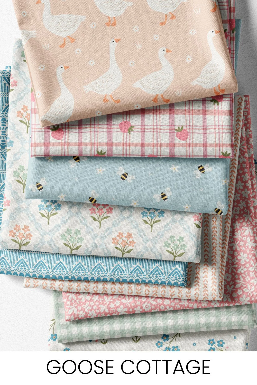 A charming pastel cottage collection with white geese, delicate florals, gingham, picnic checks, organic stripes, lace details, and playful bees.
