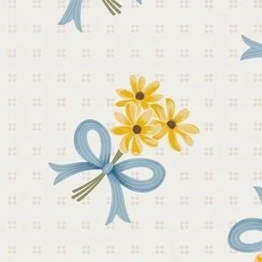 Golden Field Bouquet - Blue Bows & Yellow Flowers on Cream White by Rocket & Indigo
