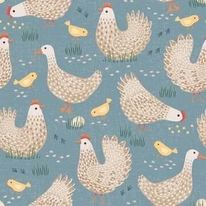 Farmyard Chickens - Denim Blue - Brown Free-Range Hens & Country Ducks by Rocket & Indigo