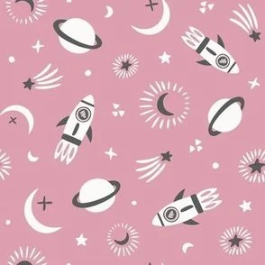 Outer Space Rockets - Pink - Planets Moons and Stars by Rocket & Indigo