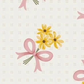 Golden Field Bouquet - Pink Bows & Yellow Flowers on Cream White by Rocket & Indigo
