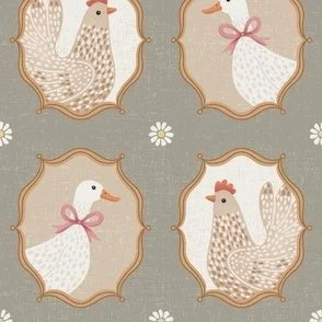 Framed Hens & Ducks - Taupe Gray - Cute Farmyard Bird Portraits by Rocket & Indigo