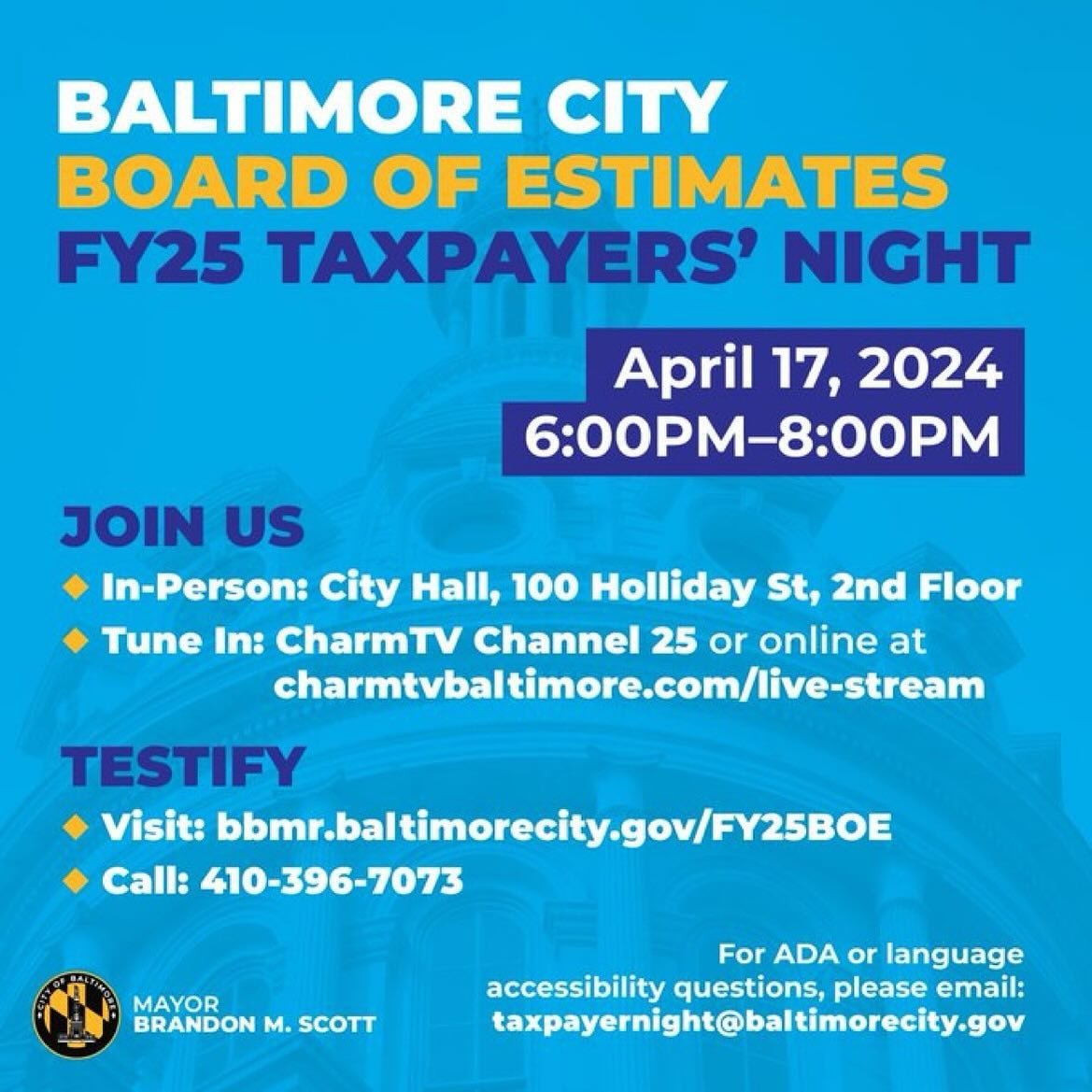 B Baltimore, the Annual Taxpayers&rsquo; Night takes place tonight at 6:00 PM. Join us in person or online for a presentation on the FY25 budget and the upcoming priorities.