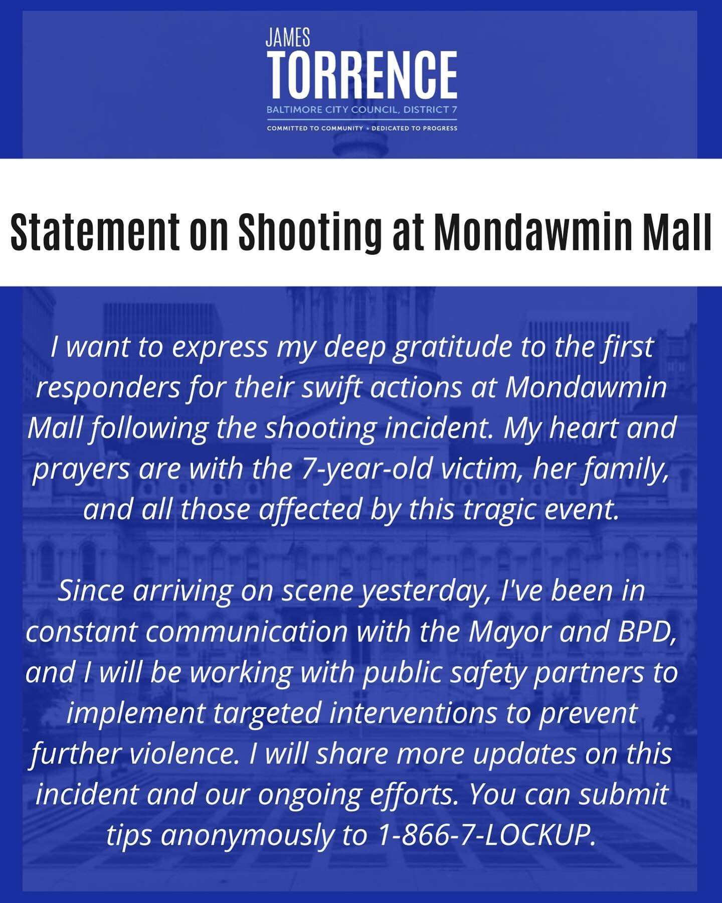 Yesterday's shooting at Mondawmin Mall is an urgent reminder that our children deserve to feel safe in their everyday activities. This tragedy must strengthen our resolve to work toward a world that values life and our collective humanity. Here&rsquo