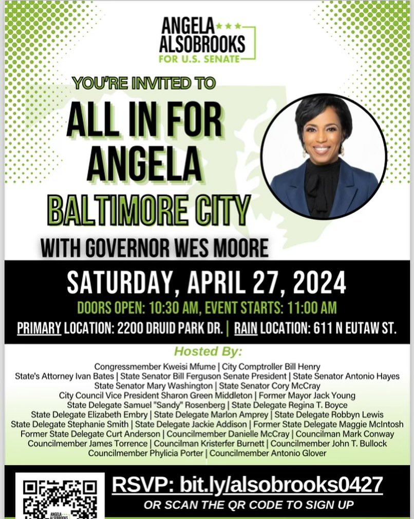 Come join us in the 7th district! RSVP HERE: https://www.mobilize.us/angelaalsobrooks/event/614632/