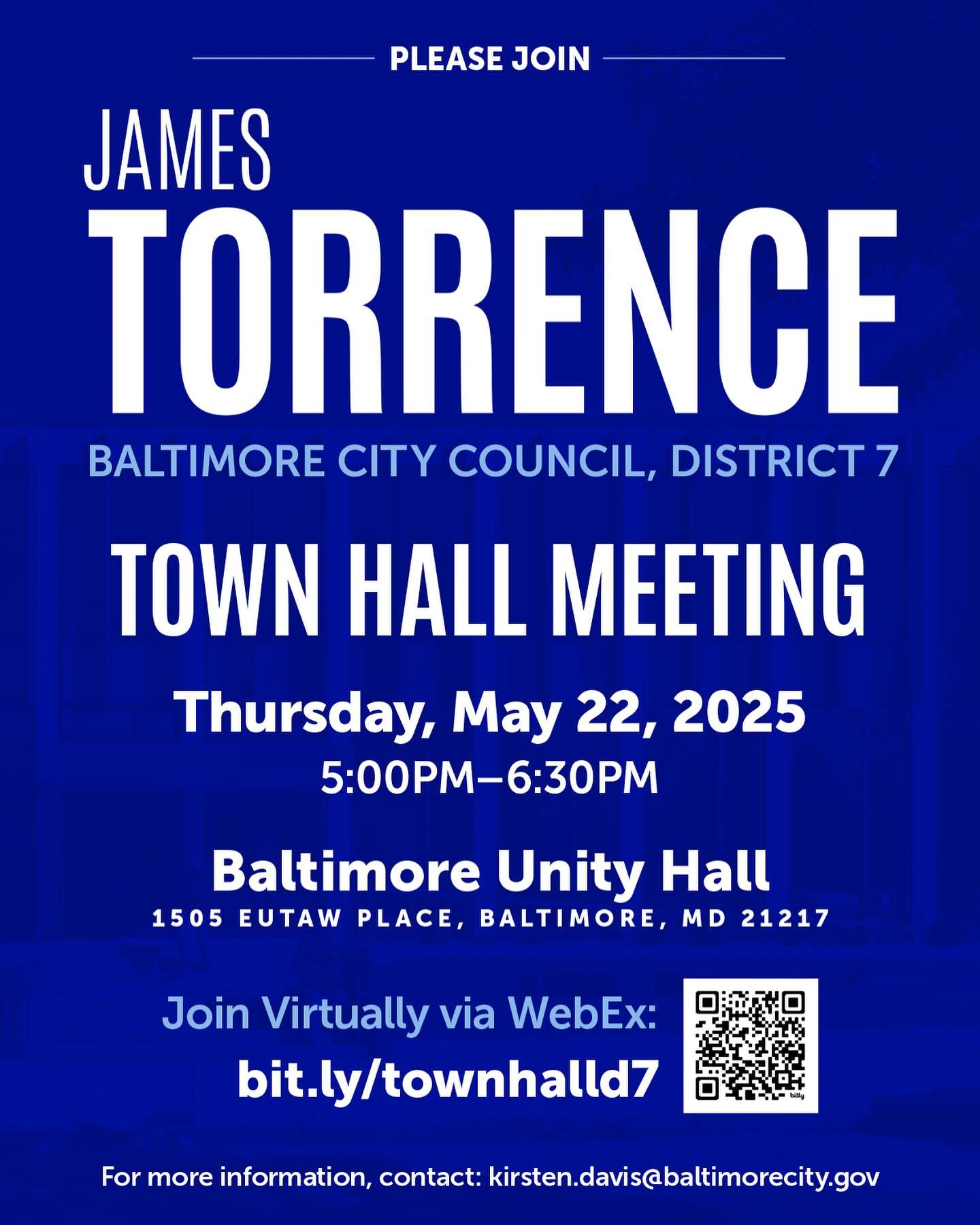 Just one week away from our first District 7 Town Hall of the year! Join us on Thursday, May 22, 2025, at 5:00 PM at Unity Hall (1505 Eutaw Place).

Councilman Torrence will provide updates on key projects and initiatives, joined by community partner