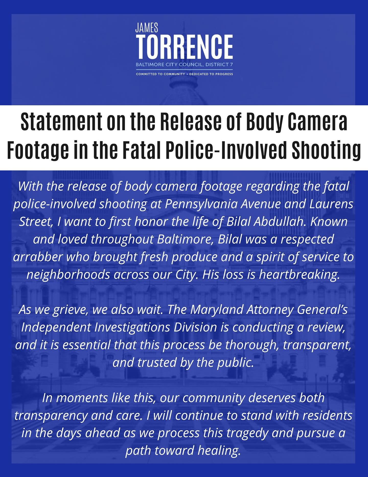 Statement on the Release of Body Camera Footage in the Fatal Police-Involved Shooting