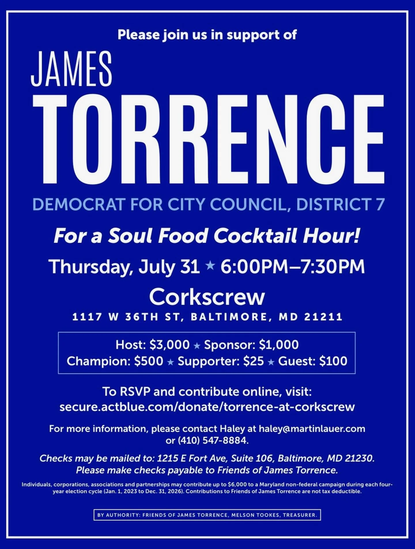 Join me tomorrow for an evening of good food, great company and real conversation.

📅 Thursday, July 31
🕕 6:00&ndash;7:30 PM
📍 Corkscrew | 1117 W 36th St, Baltimore, MD

Excited to connect with friends and neighbors as we work toward a stronger Ba