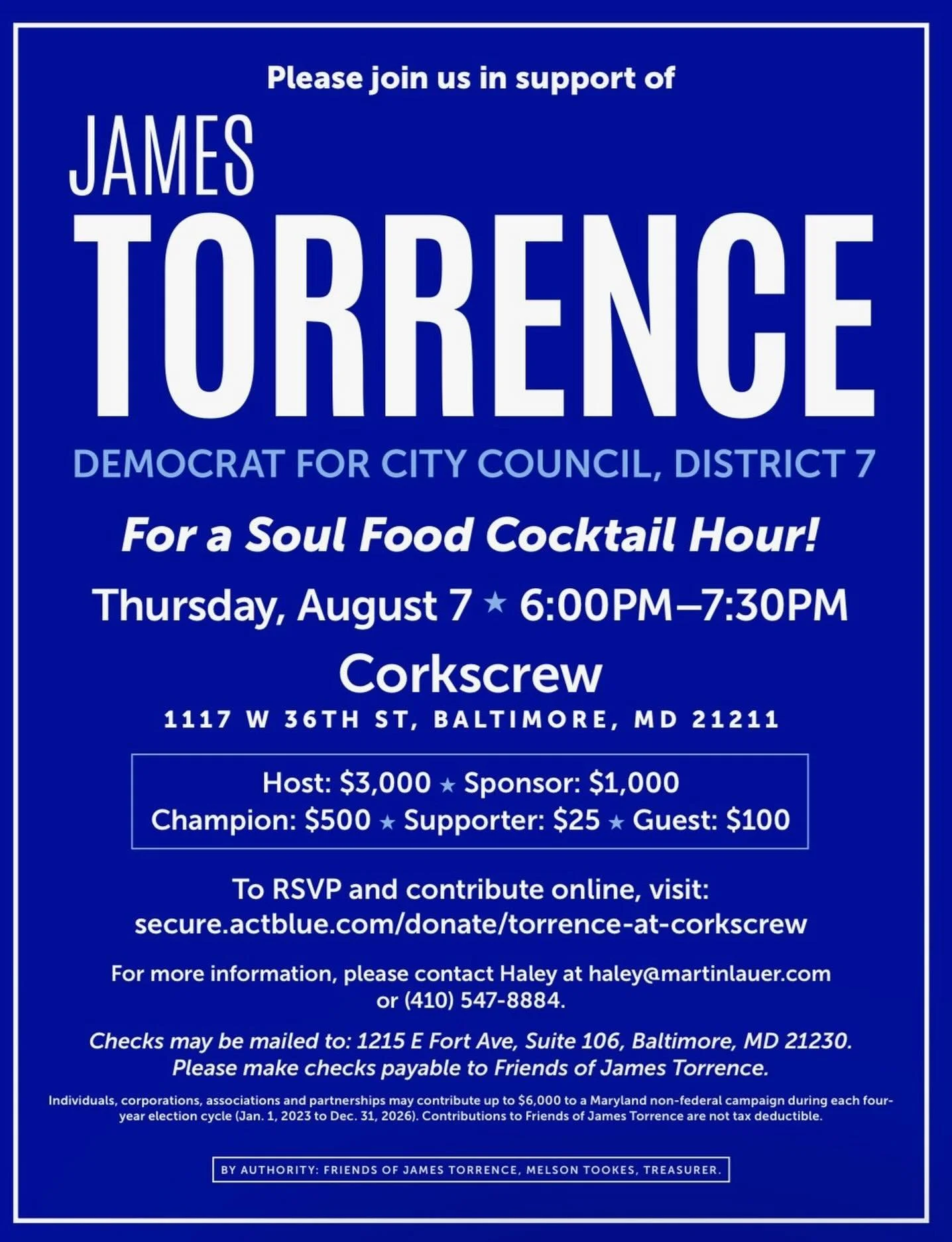 Tonight&rsquo;s the Night! Join me this evening for soul food, great company, and real conversation from 6:00&ndash;7:30 PM at Corkscrew (1117 W 36th St).

I&rsquo;m looking forward to connecting with friends and neighbors as we continue building a s