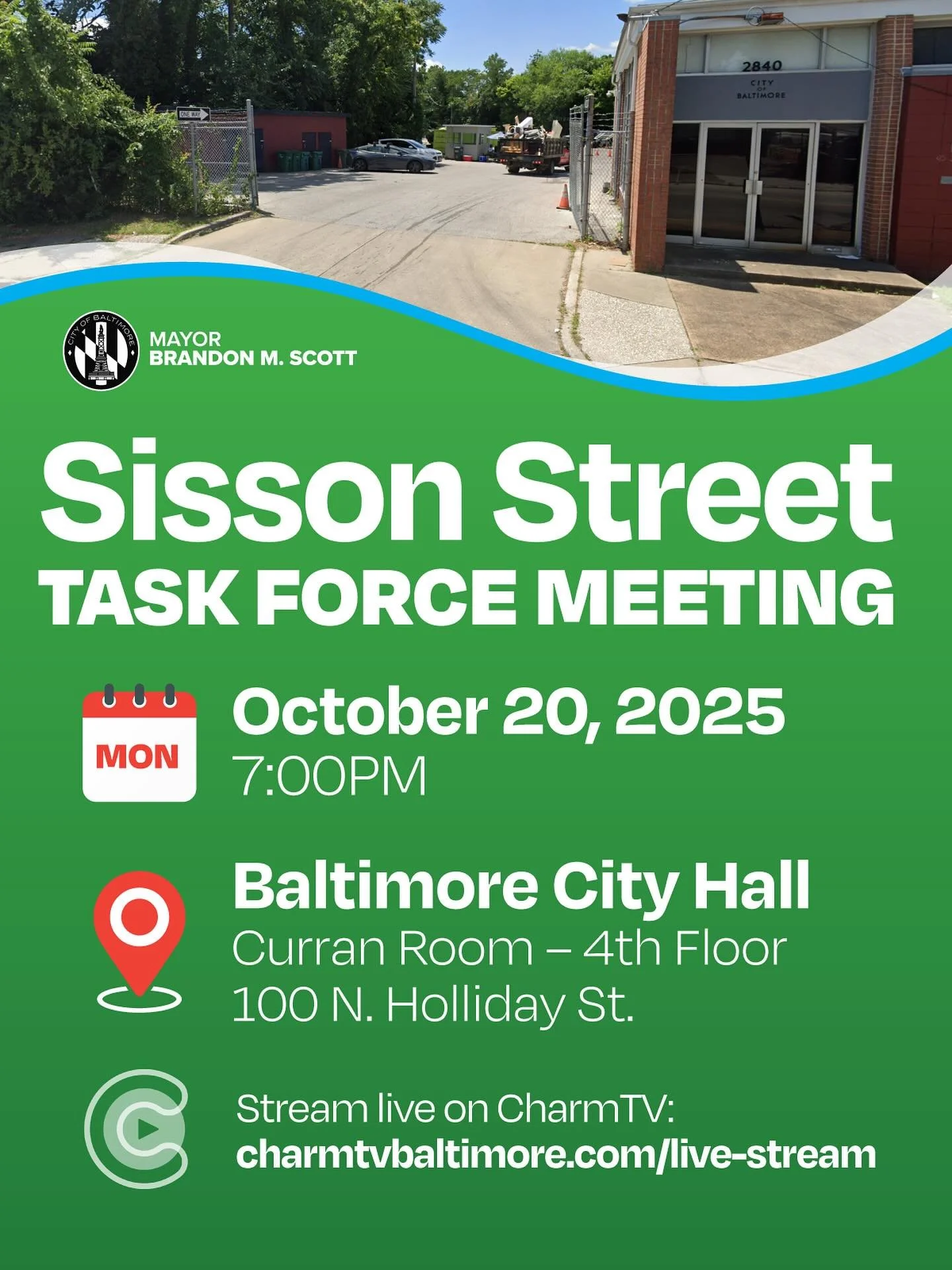 Tonight&rsquo;s the first Sisson Street Task Force Meeting kicks off at 7 PM.

We&rsquo;ll convene in the Curran Room, Floor 4, City Hall. While public testimony won&rsquo;t be taken, residents are encouraged to watch live and stay engaged: charmtvba