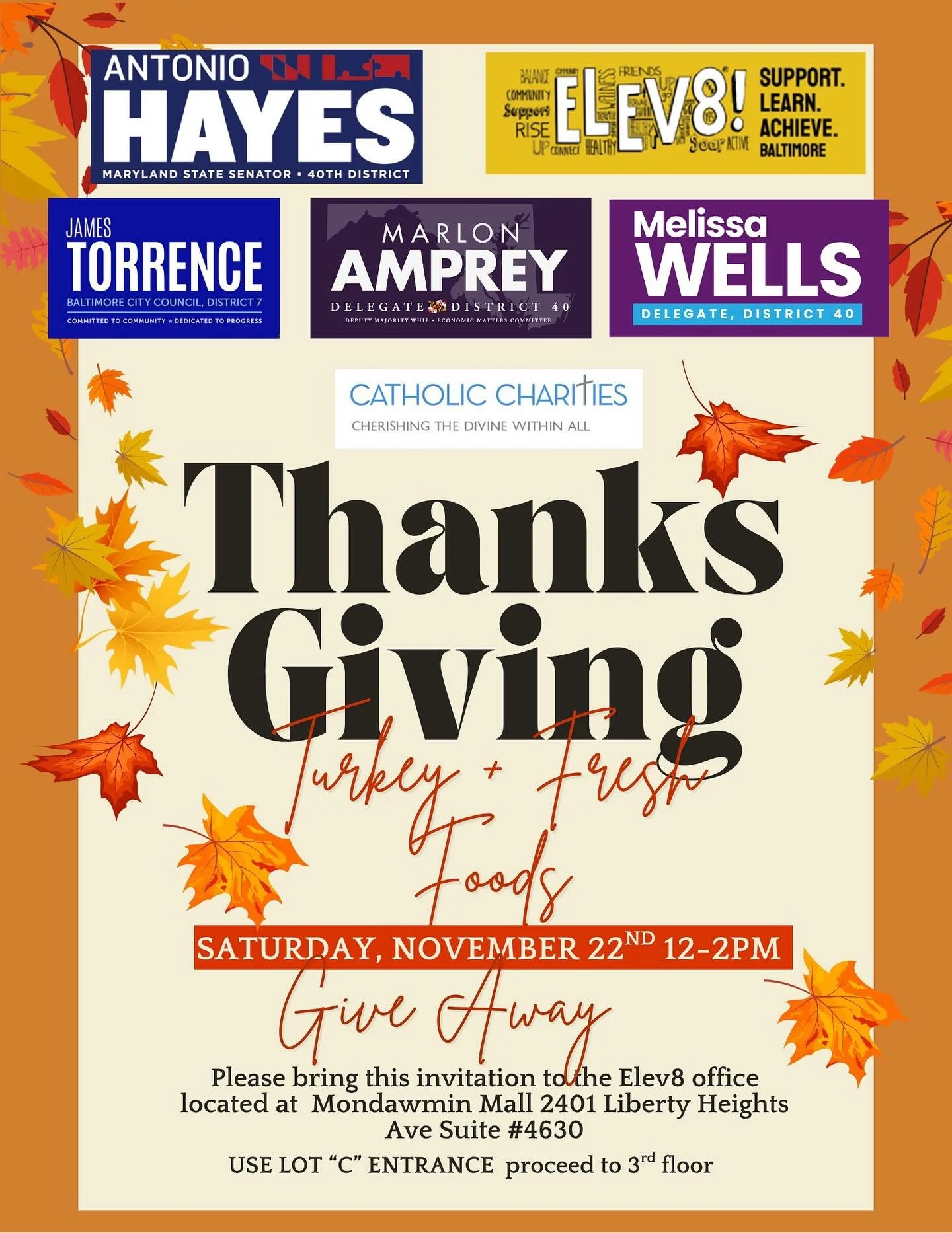 A much-needed holiday food distribution will be underway at Mondawmin Mall. If you or someone you know could use support, please make your way over.

Thank you to Senator Hayes, Delegates Amprey and Wells, and our partners @catholiccharitiesmd, @elev