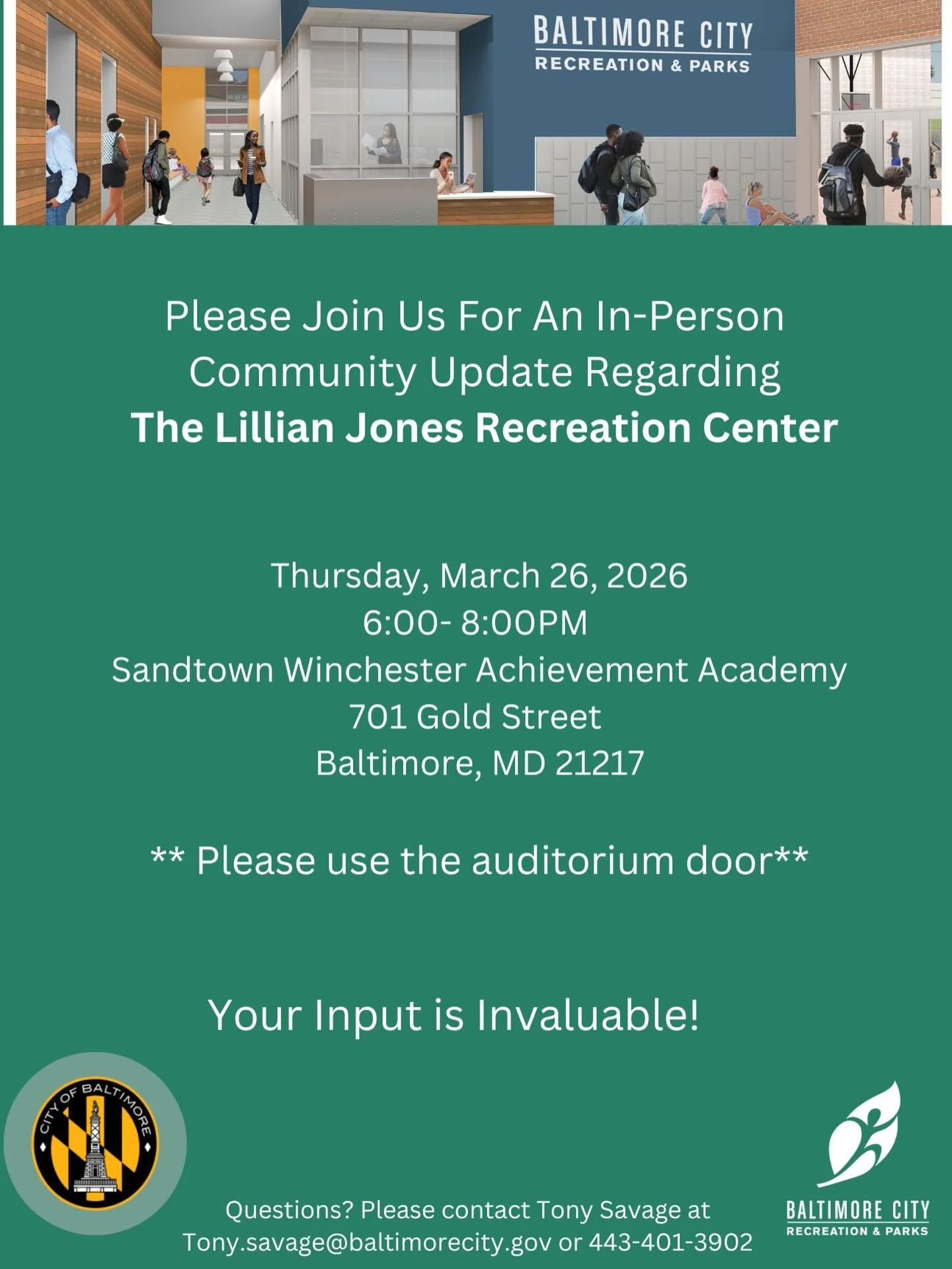 See you tonight, Sandtown-Winchester 👋🏾

Join us to shape the future of the Lillian Jones Rec Center.

📍 Sandtown Winchester Achievement Academy from 6&ndash;8PM (please use auditorium entrance)

This is about more than a building,  it&rsquo;s abo