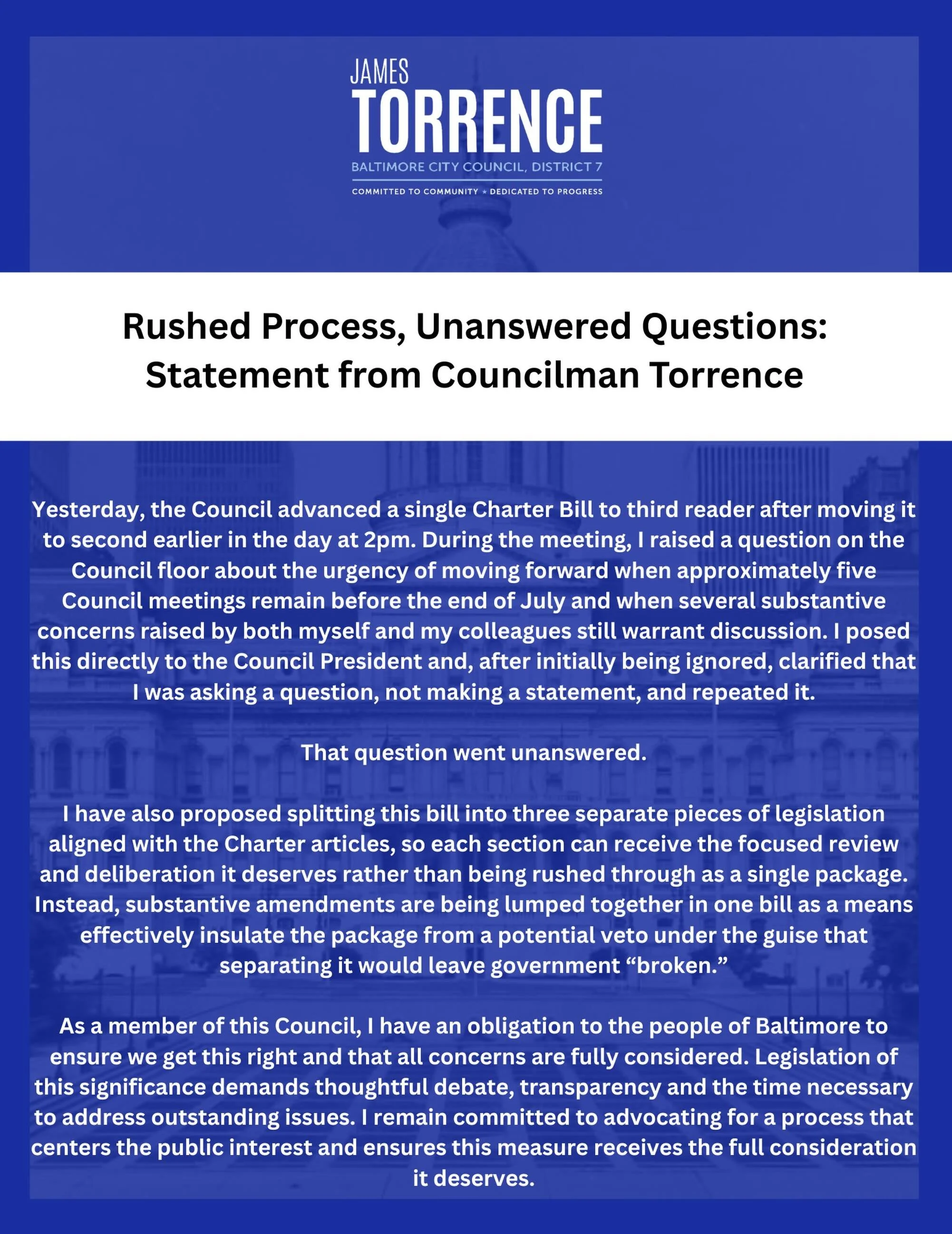 Rushed Process. Unanswered Questions.

Yesterday, the Council advanced the Charter Bill to third reader after moving it to second earlier in the day. I asked a simple question: why the rush with at least five meetings left before the July deadline an