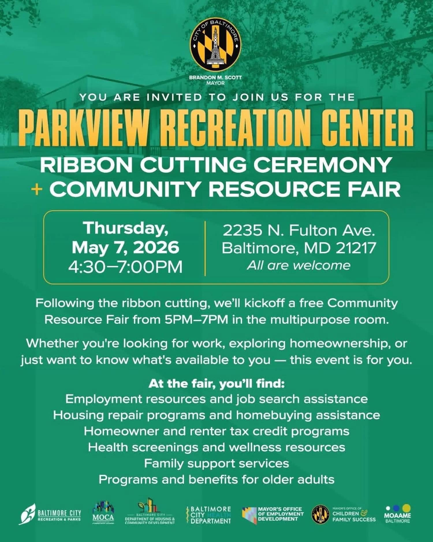 Big day for Penn North and West Baltimore! 

Today we officially reopen Parkview Recreation Center, a major investment in the Penn-North community and another sign of the momentum building across West Baltimore.
More is on the way &mdash; from new ho