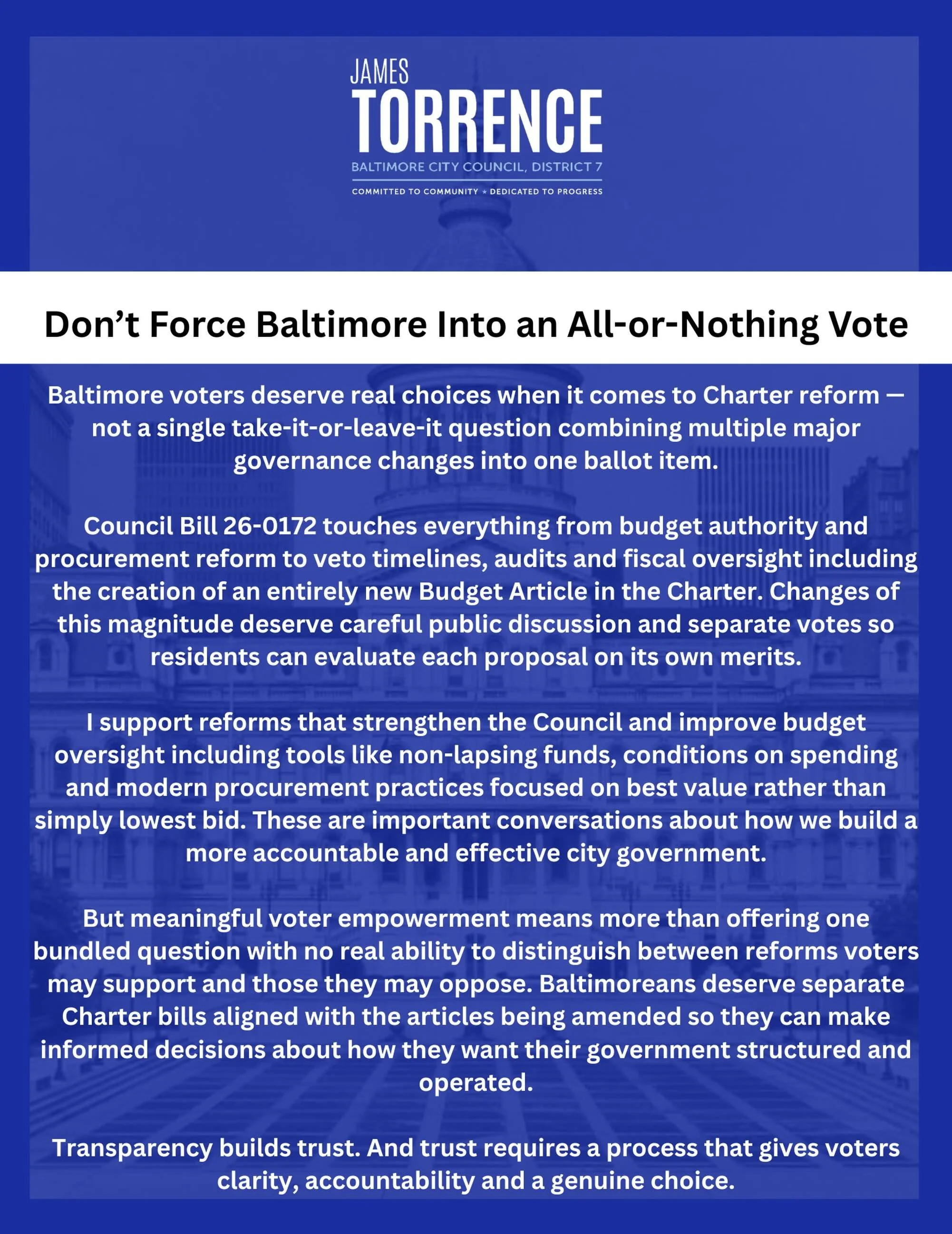 Clarifying my post from last week: my concern is not about debating individual reforms in Council Bill 26-0172. In fact, I support many of the concepts around stronger budget oversight, best value procurement reform and empowering the Council.

My co