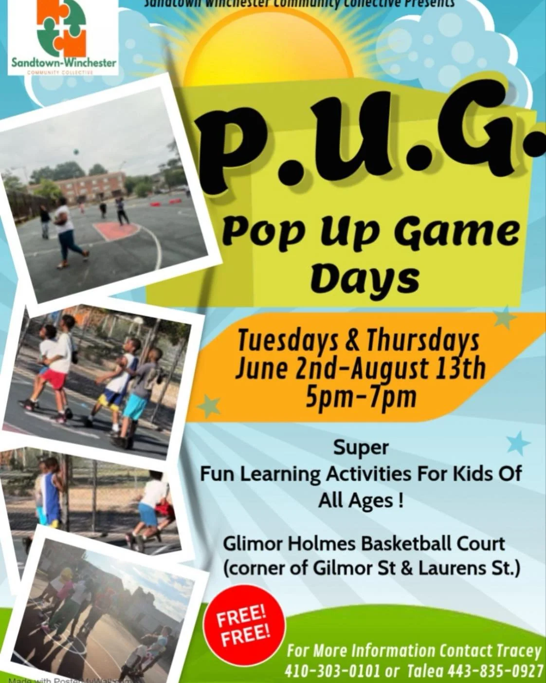 The Sandtown-Winchester Community Collective's P.U.G. (Pop Up Game) Days are back.

Join us every Tuesday and Thursday from June 2 through August 13, from 5:00 p.m. to 7:00 p.m., for games, learning activities, and opportunities for young people to c