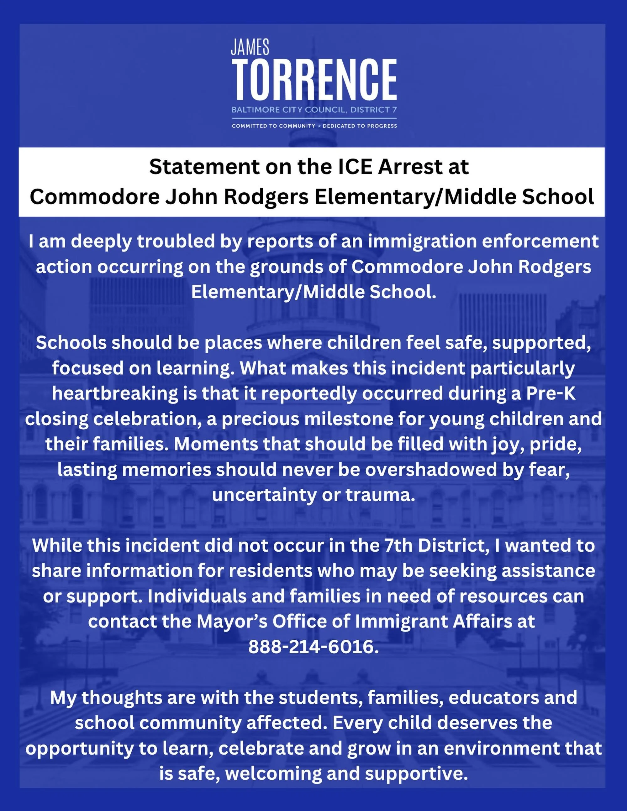 Statement on the ICE Arrest at Commodore John Rodgers Elementary/Middle School