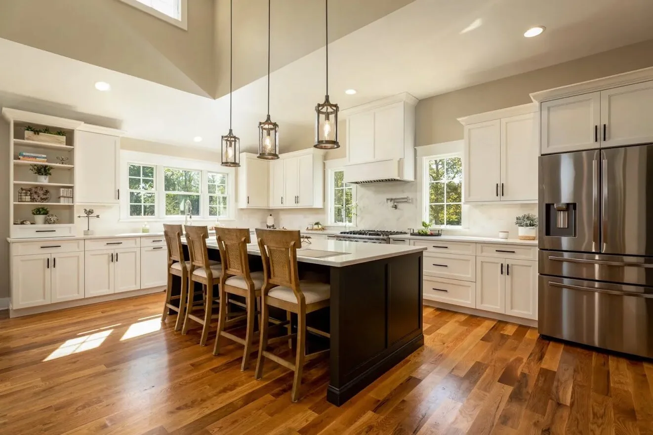 Modern kitchen with white cabinets, stainless steel refrigerator, wooden flooring, island with black base, and hanging pendant lights.