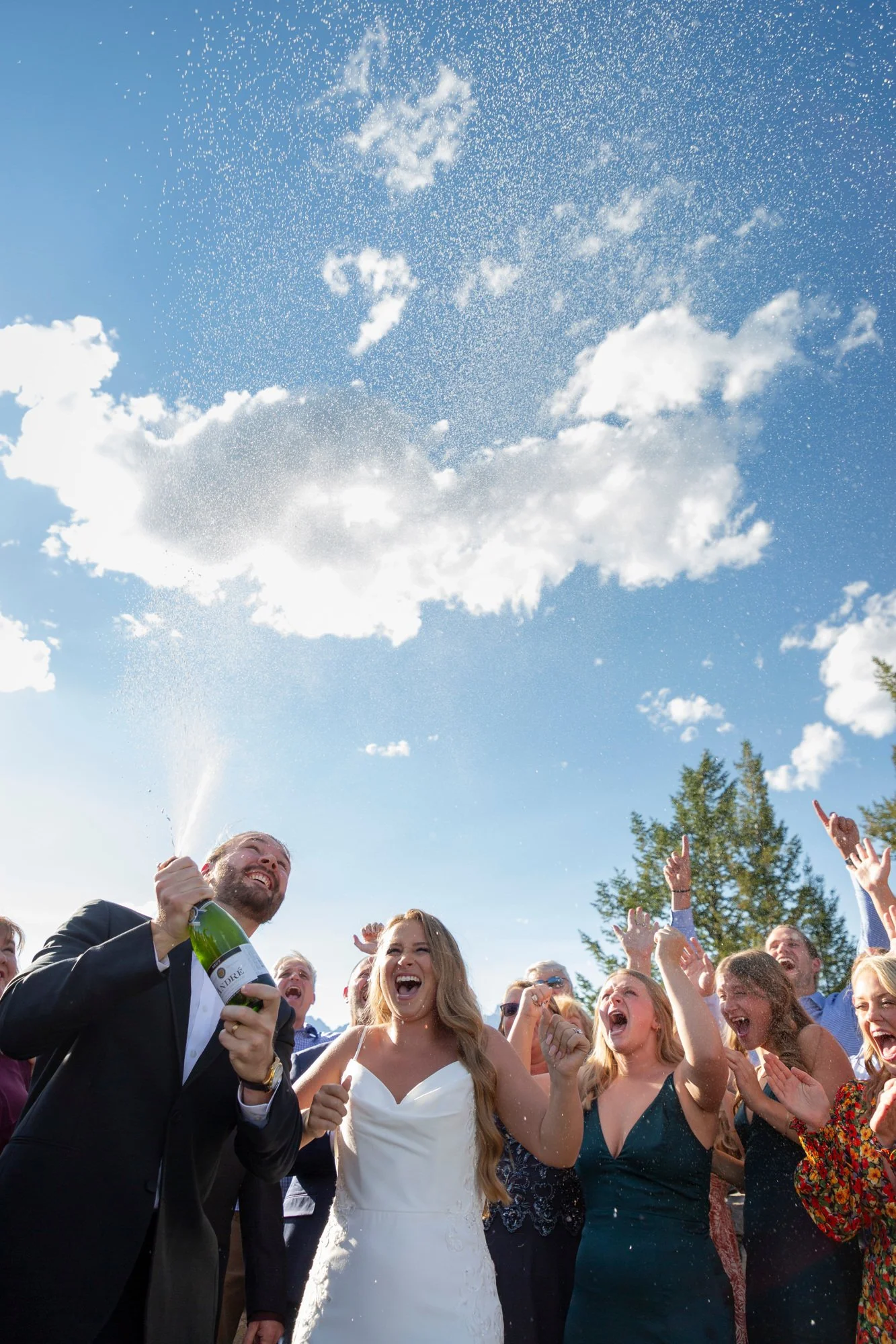 People celebrating outdoors on a sunny day, with a man holding a bottle of champagne and a woman in a white dress laughing.